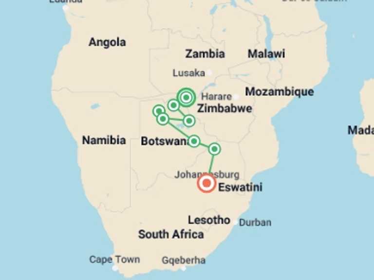 Map of Johannesburg Wildlife Tour with 8 destination visits for the trip: Botswana Family Safari with Teenagers
