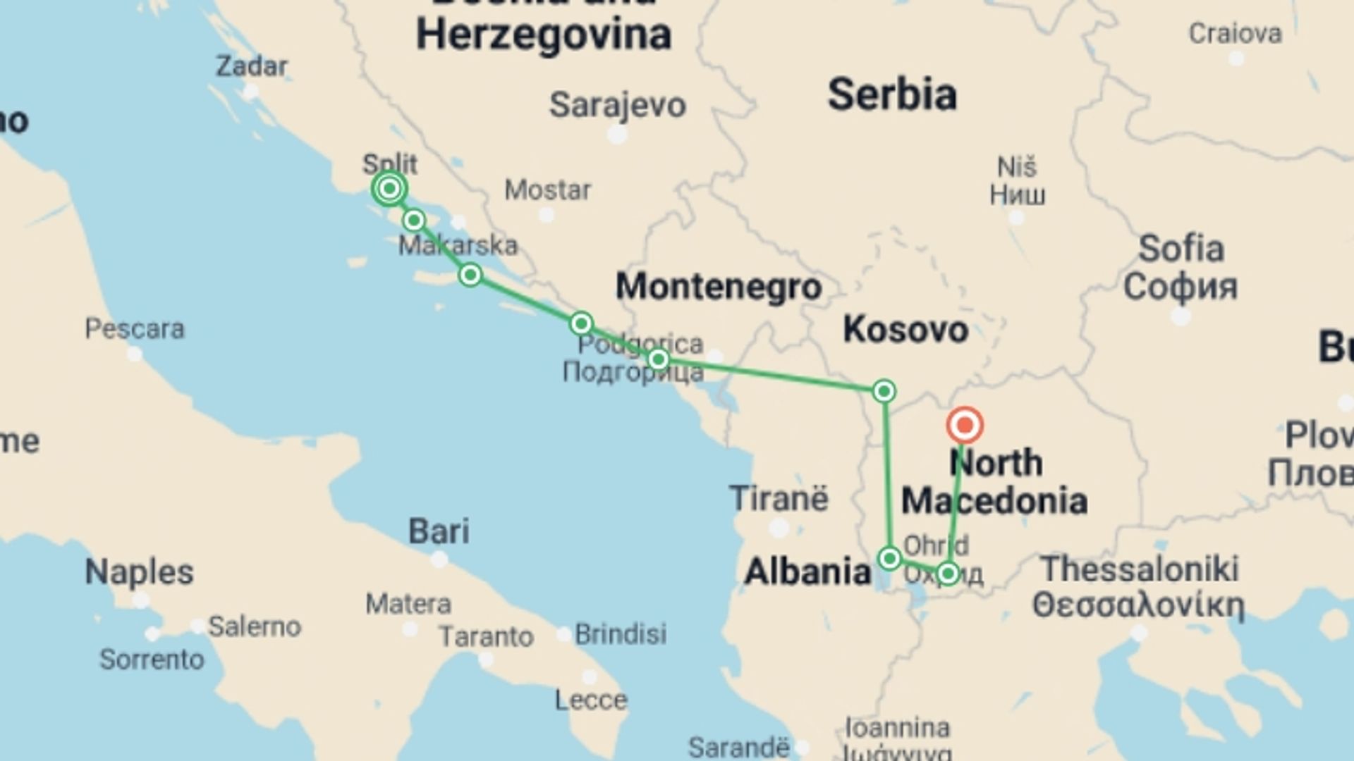 A map showing the tour itinerary for the trip: Split to Skopje Real Food Adventure, starting in Split, Croatia and ending in Skopje, Macedonia going through 7 other destinations.