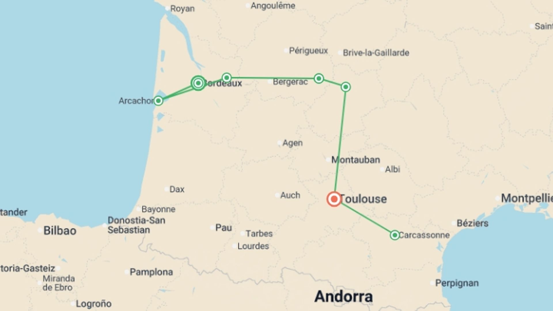 A map showing the tour itinerary for the trip: A Taste of Southern France  - Bordeaux to Toulouse, starting in Bordeaux, France and ending in Toulouse, France going through 4 other destinations.