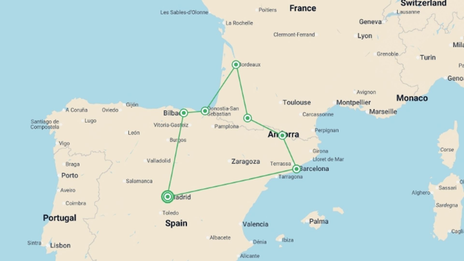 A map showing the tour itinerary for the trip: Madrid, Basque Country, Andorra and Barcelona with Lourdes, starting in Madrid, Spain and ending in Madrid, Spain going through 0 other destinations.