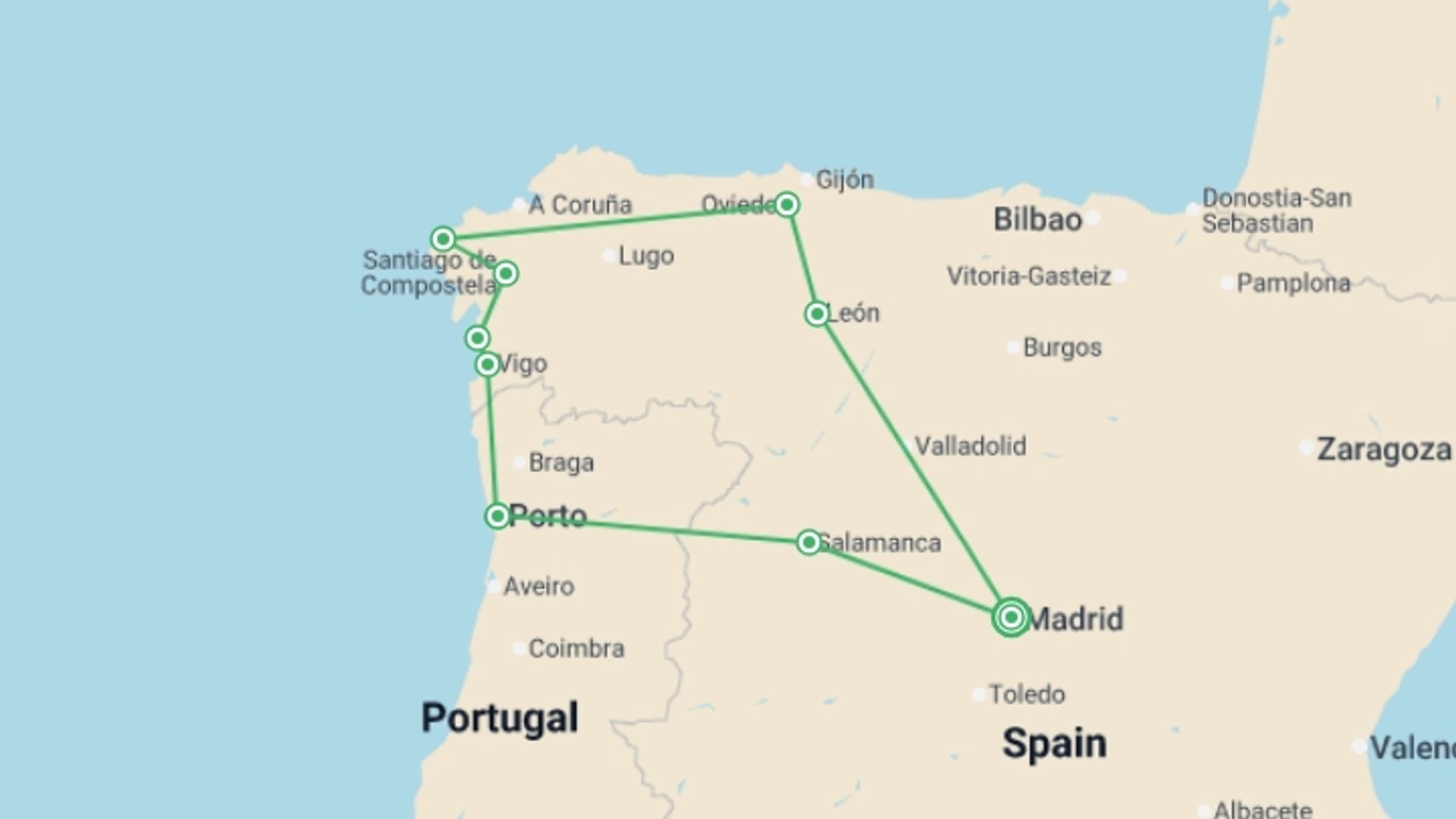 A map showing the tour itinerary for the trip: Madrid, Santiago & Porto - 6 days, starting in Madrid, Spain and ending in Madrid, Spain going through 4 other destinations.