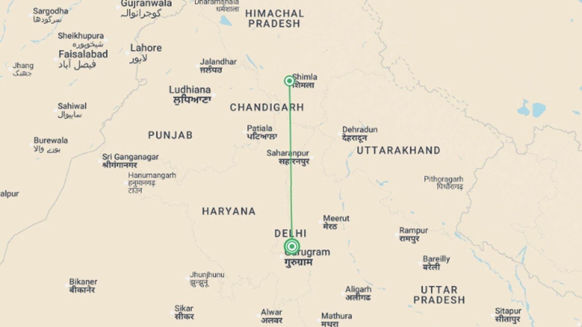 A map showing the tour itinerary for the trip: Shimla - 4 days, starting in New Delhi, India and ending in New Delhi, India going through 1 other destinations.