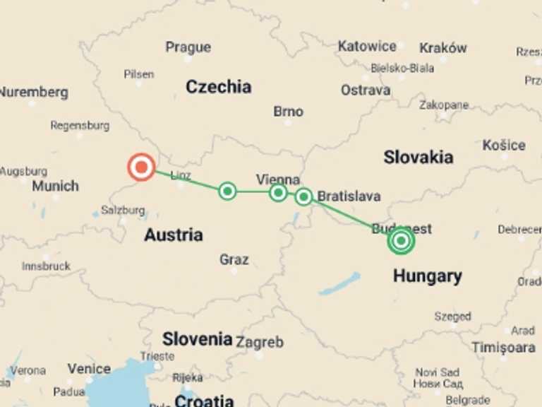 Map of a River cruise Tour with 4 destination visits for the trip: The Beautiful Blue Danube (port-to-port cruise)