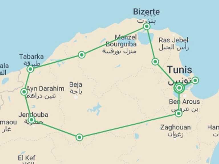 Map of Tunisia Tour with 3 destination visits for the trip: Nature And Culture, Small Group Tour