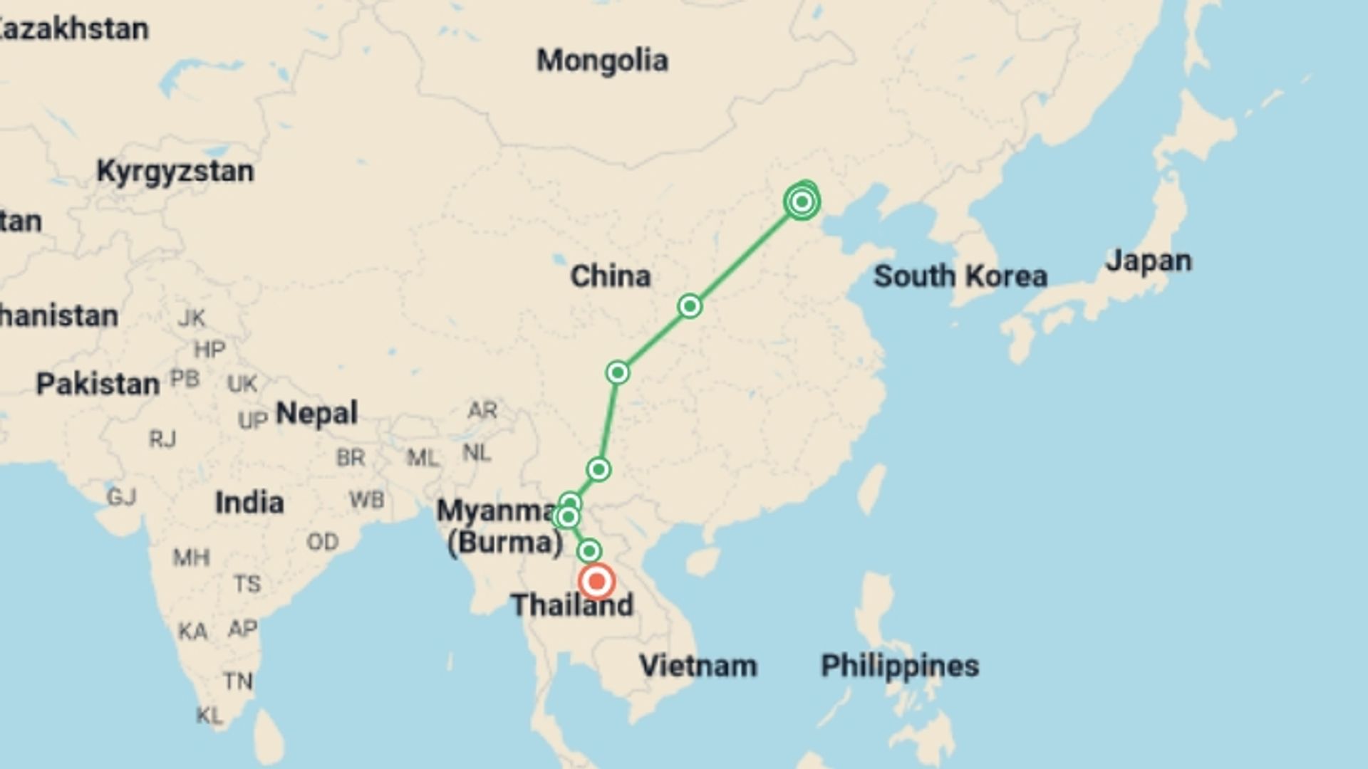 A map showing the tour itinerary for the trip: China to Laos - 16 days, starting in Beijing, China and ending in Vientiane, Laos going through 7 other destinations.