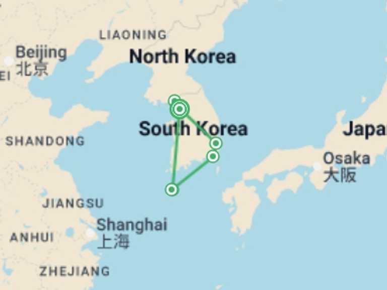 Map itinerary of South Korea Tour in Spring with 5 destination visits for the trip: Seoul Searching & Jeju 4 star - 9 days