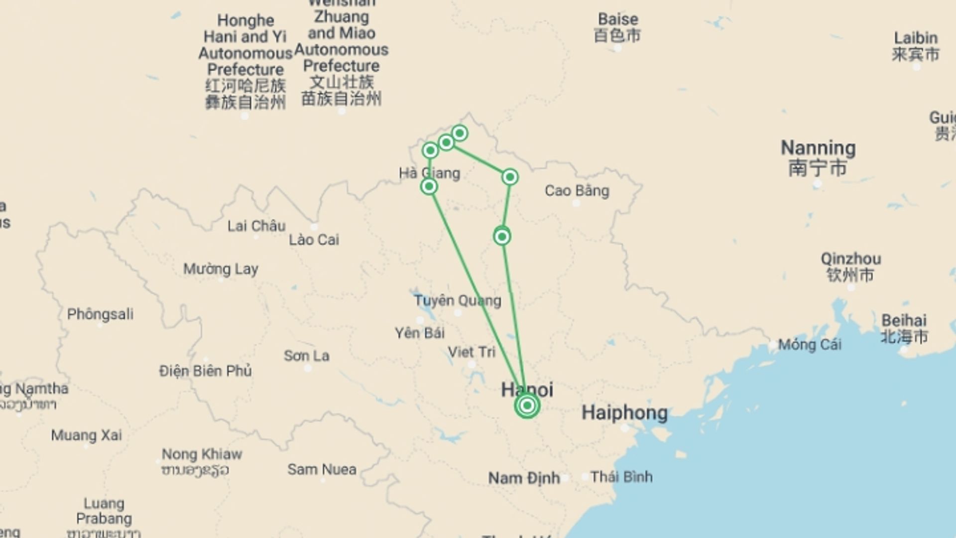 A map showing the tour itinerary for the trip: Trekking On The Trails Of Northern Vietnam 9 Days 8 Nights, starting in Hanoi, Vietnam and ending in Hanoi, Vietnam going through 6 other destinations.