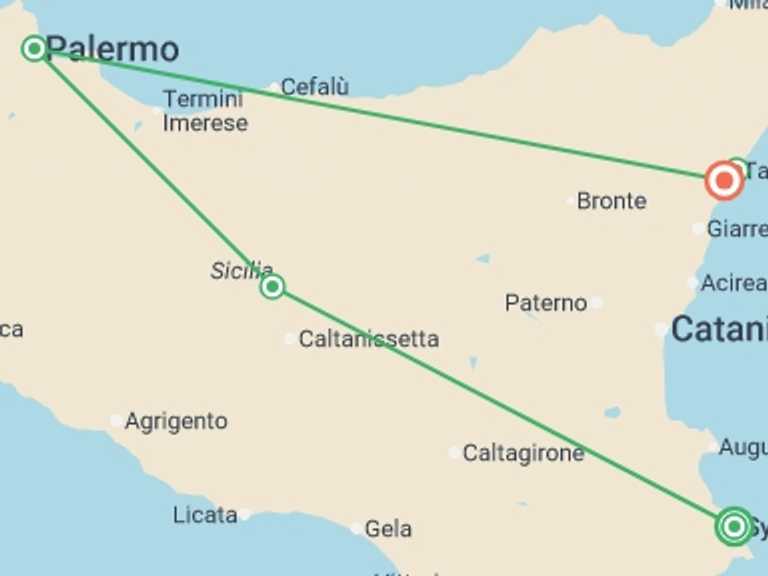 Map itinerary of Mediterranean Tour in March 2026 with 5 destination visits for the trip: Classical Sicily