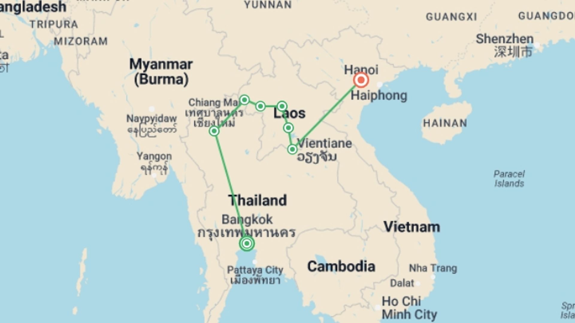 A map showing the tour itinerary for the trip: Thailand and Laos Adventure, starting in Bangkok, Thailand and ending in Hanoi, Vietnam going through 6 other destinations.