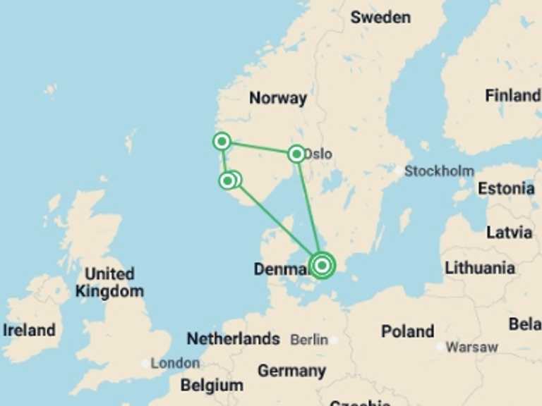 Map of Denmark Tour with 5 destination visits for the trip: Copenhagen to the Fjords - 10 days 