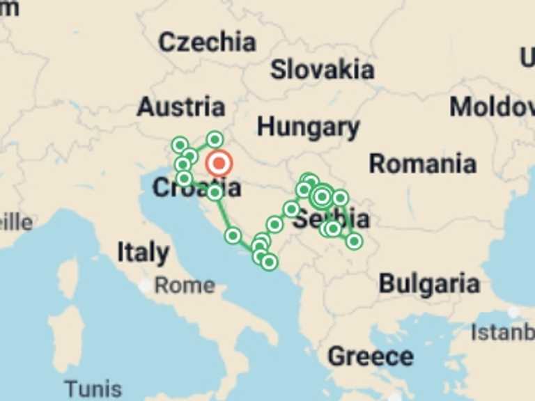 Map itinerary of Sarajevo Tour in February 2026 with 10 destination visits for the trip: Jewels of Serbia and the Balkans, Ending in Zagreb