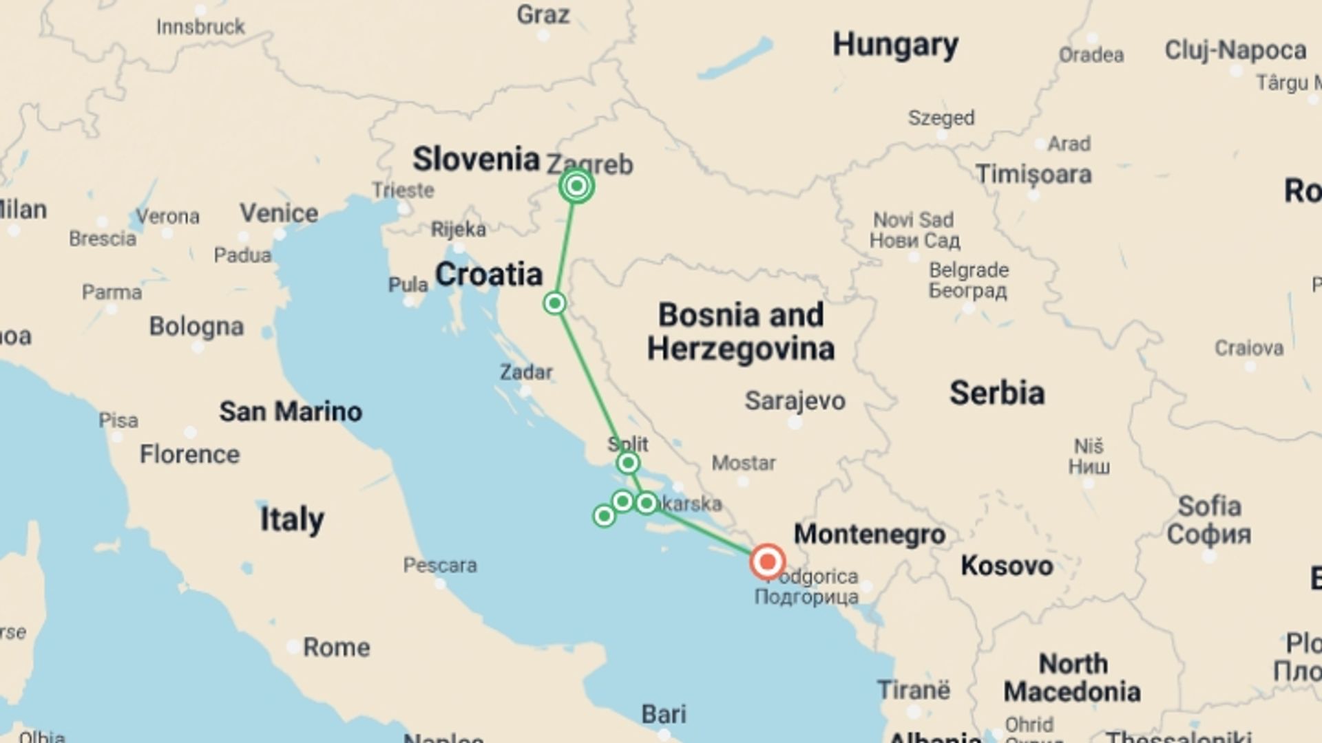 A map showing the tour itinerary for the trip: Highlights of Croatia in Eight Days, starting in Zagreb, Croatia and ending in Dubrovnik, Croatia going through 5 other destinations.