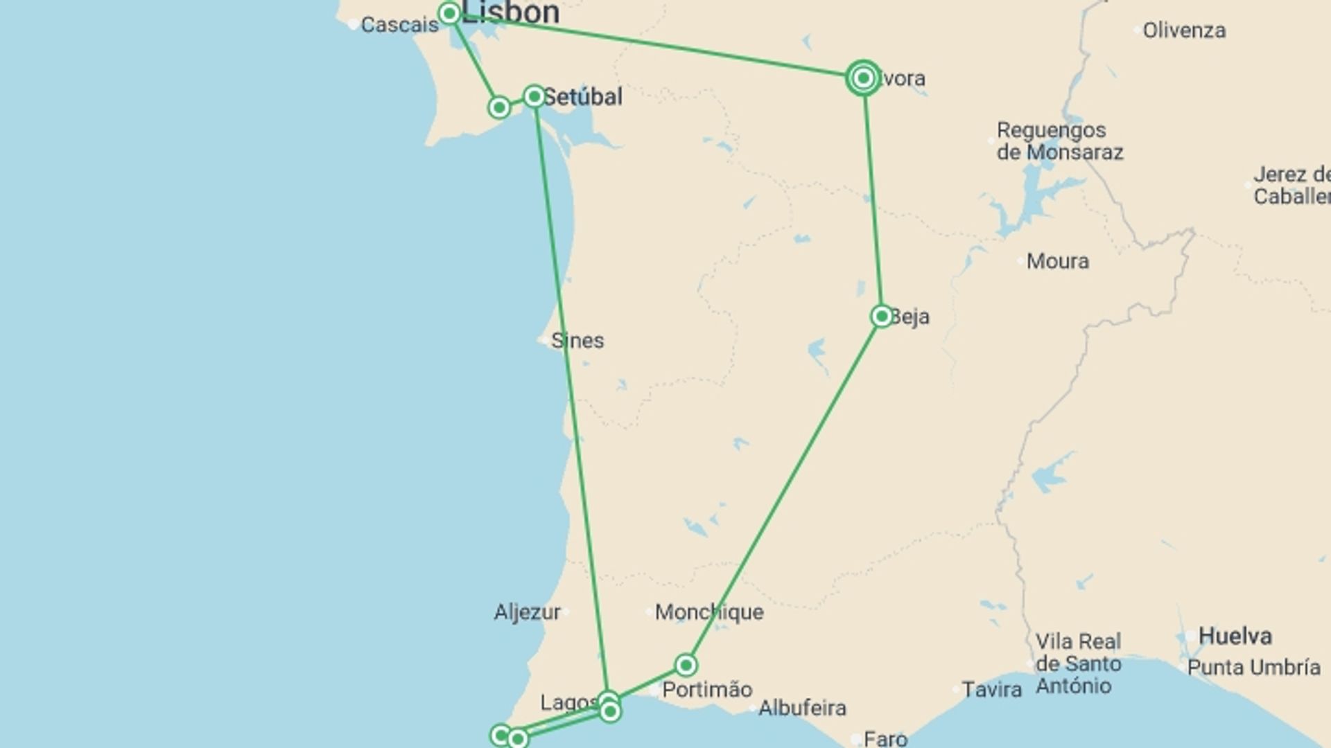 A map showing the tour itinerary for the trip: South Of Portugal, starting in Evora, Portugal and ending in Evora, Portugal going through 2 other destinations.