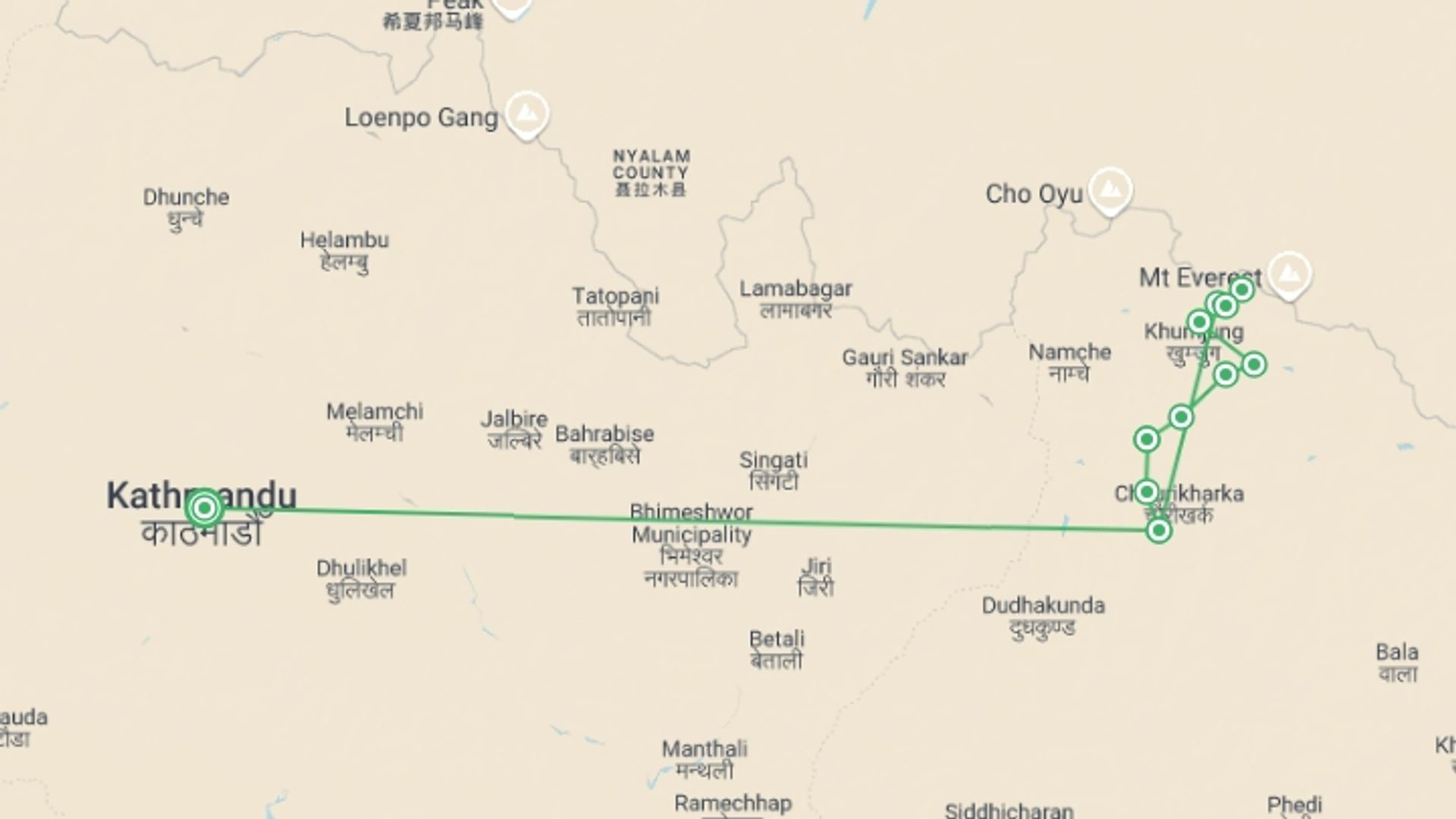 A map showing the tour itinerary for the trip: 10 Days Comfort Everest Base Camp Tours  with Heli Return, starting in Kathmandu, Nepal and ending in Kathmandu, Nepal going through 9 other destinations.