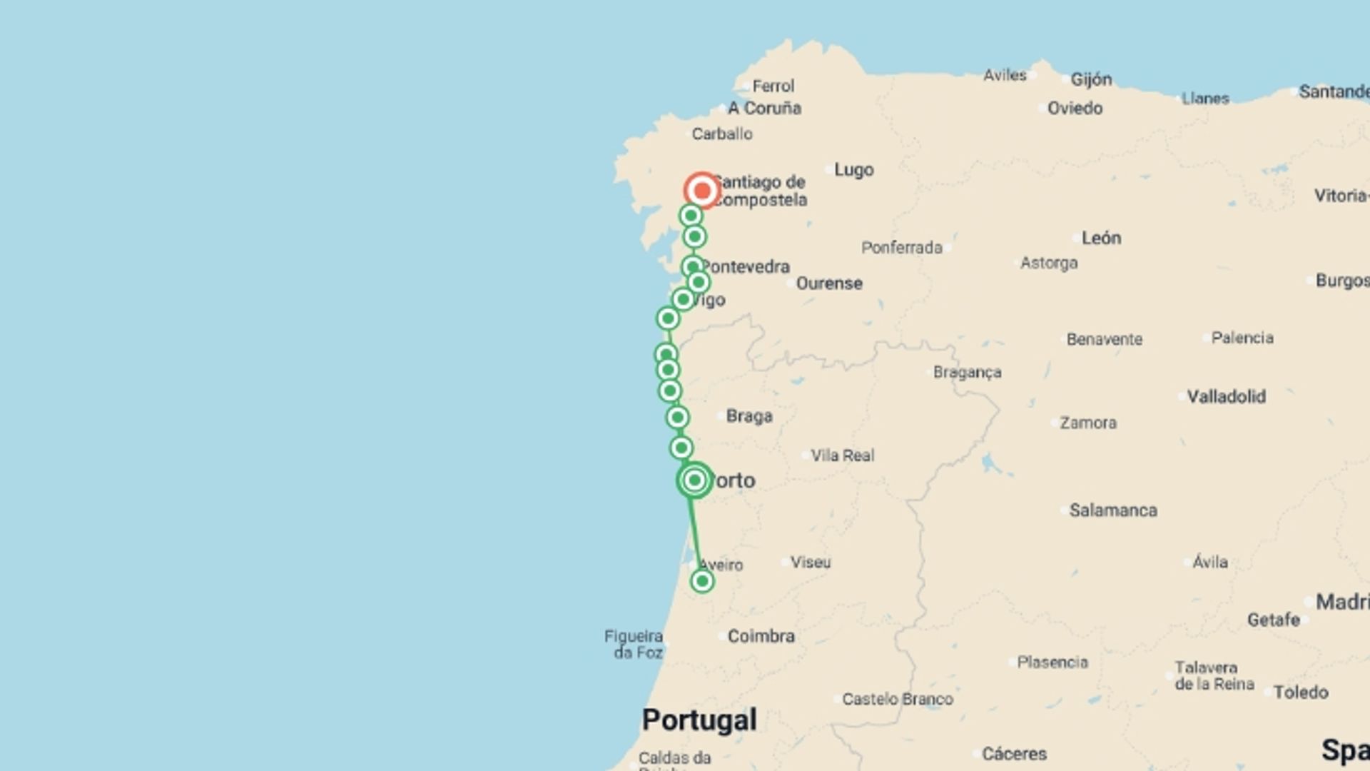 A map showing the tour itinerary for the trip: Portugal Coastal Way to Santiago, starting in Porto, Portugal and ending in Camino De Santiago, Spain going through 13 other destinations.