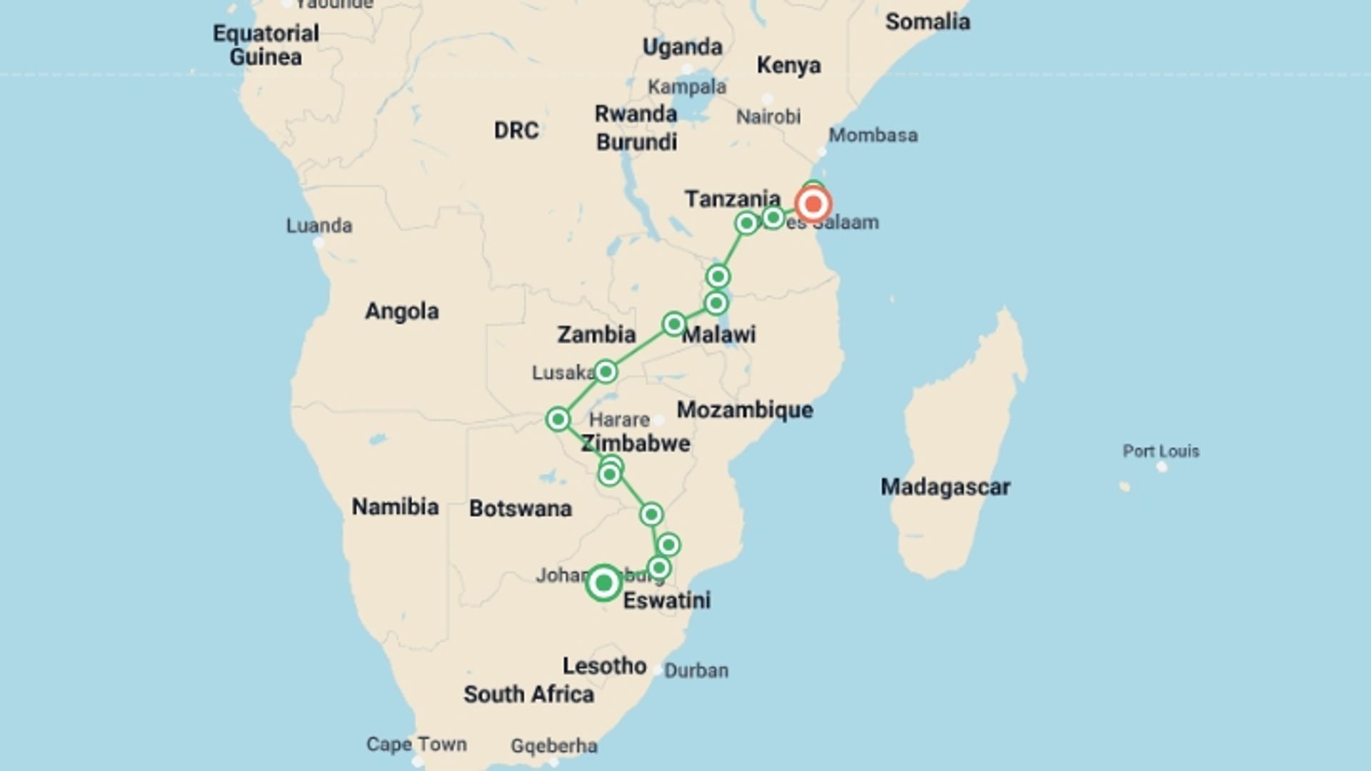 A map showing the tour itinerary for the trip: 23-day Kruger, Victoria Falls  Zanzibar Camping, starting in Pretoria, South Africa and ending in Dar Es Salaam, Tanzania going through 13 other destinations.