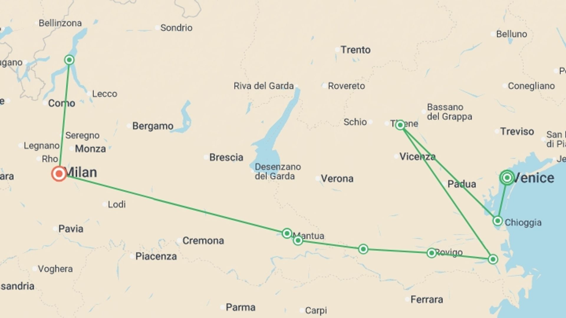 A map showing the tour itinerary for the trip: From the Canals of Venice to Renaissance-infused Mantua & Milan and Lake Como Extended Stay (port-to-port cruise), starting in Venice, Italy and ending in Milan, Italy going through 4 other destinations.