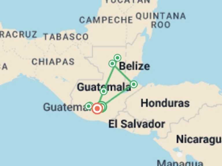 Map of Antigua Active and outdoor Tour with 9 destination visits for the trip: Guatemala - Land of the Maya