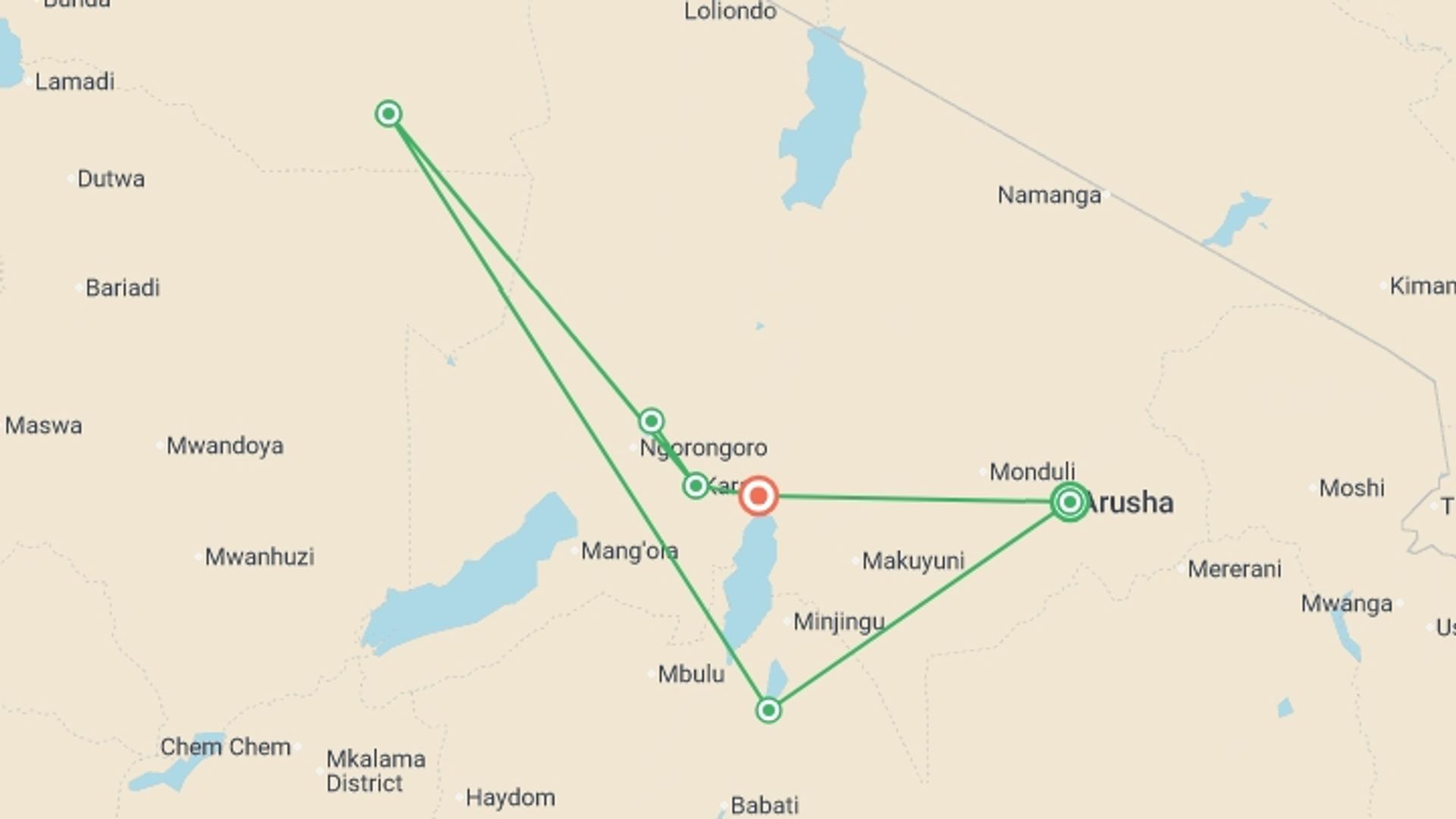 A map showing the tour itinerary for the trip: Tanzania Wildlife Week - 7 days, starting in Arusha, Tanzania and ending in Lake Manyara National Park, Tanzania going through 4 other destinations.