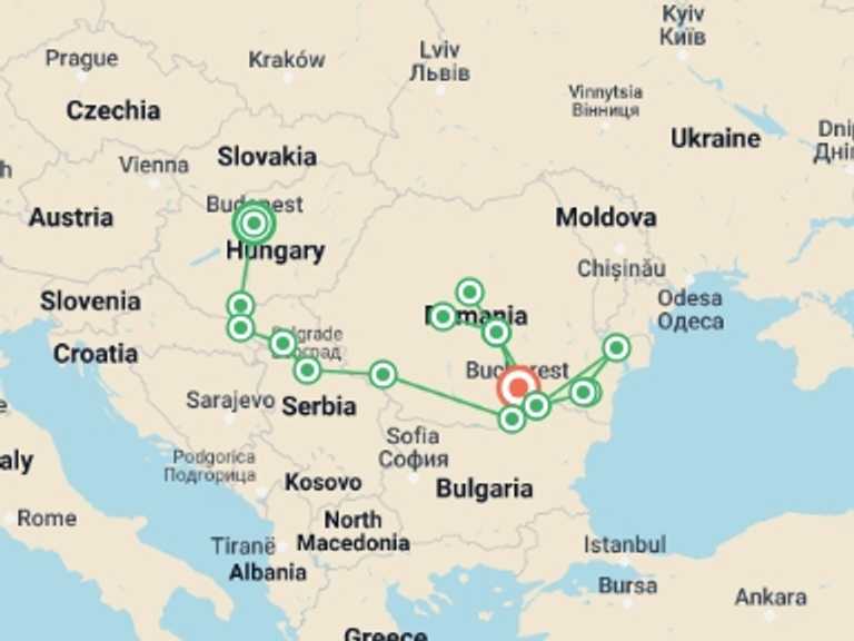 Map of Europe Tour with 10 destination visits for the trip: Along the river Danube, Budapest and the Balkan peninsula (port-to-port cruise)