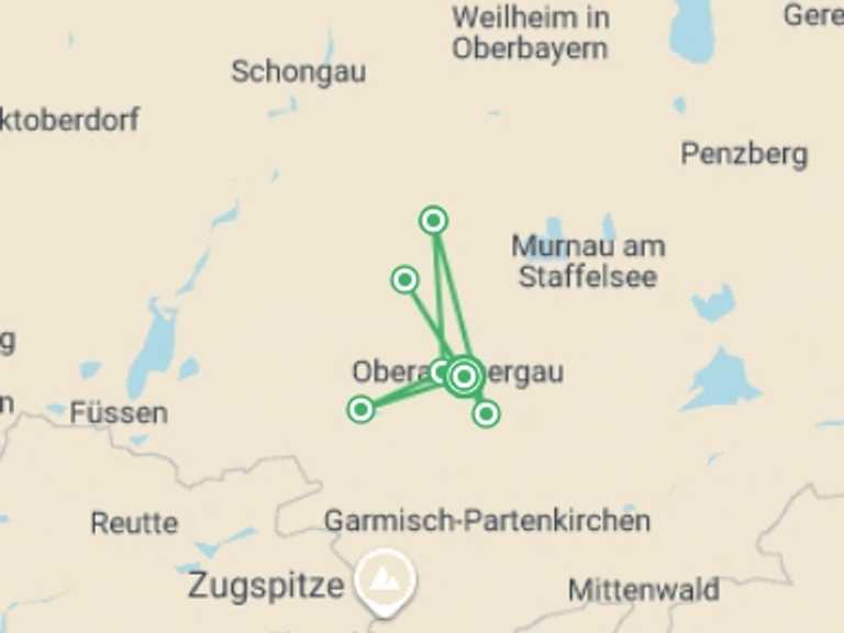 Map itinerary of Europe Tour in June 2026 with 6 destination visits for the trip: Walking in Southern Bavaria