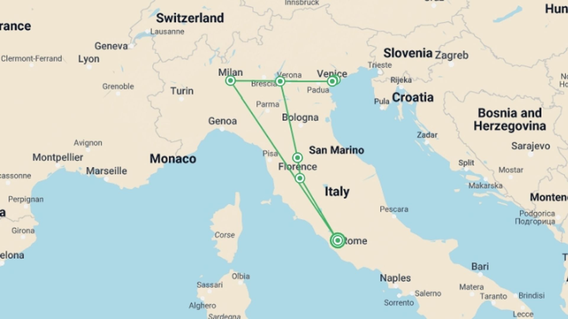 A map showing the tour itinerary for the trip: Art Cities Of Italy, Private Tour, starting in Rome, Italy and ending in Rome, Italy going through 3 other destinations.