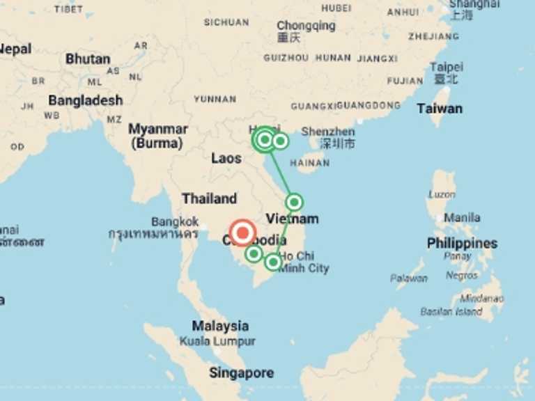 Map itinerary of Hanoi Tour in April 2027 with 6 destination visits for the trip: Premium Vietnam & Cambodia