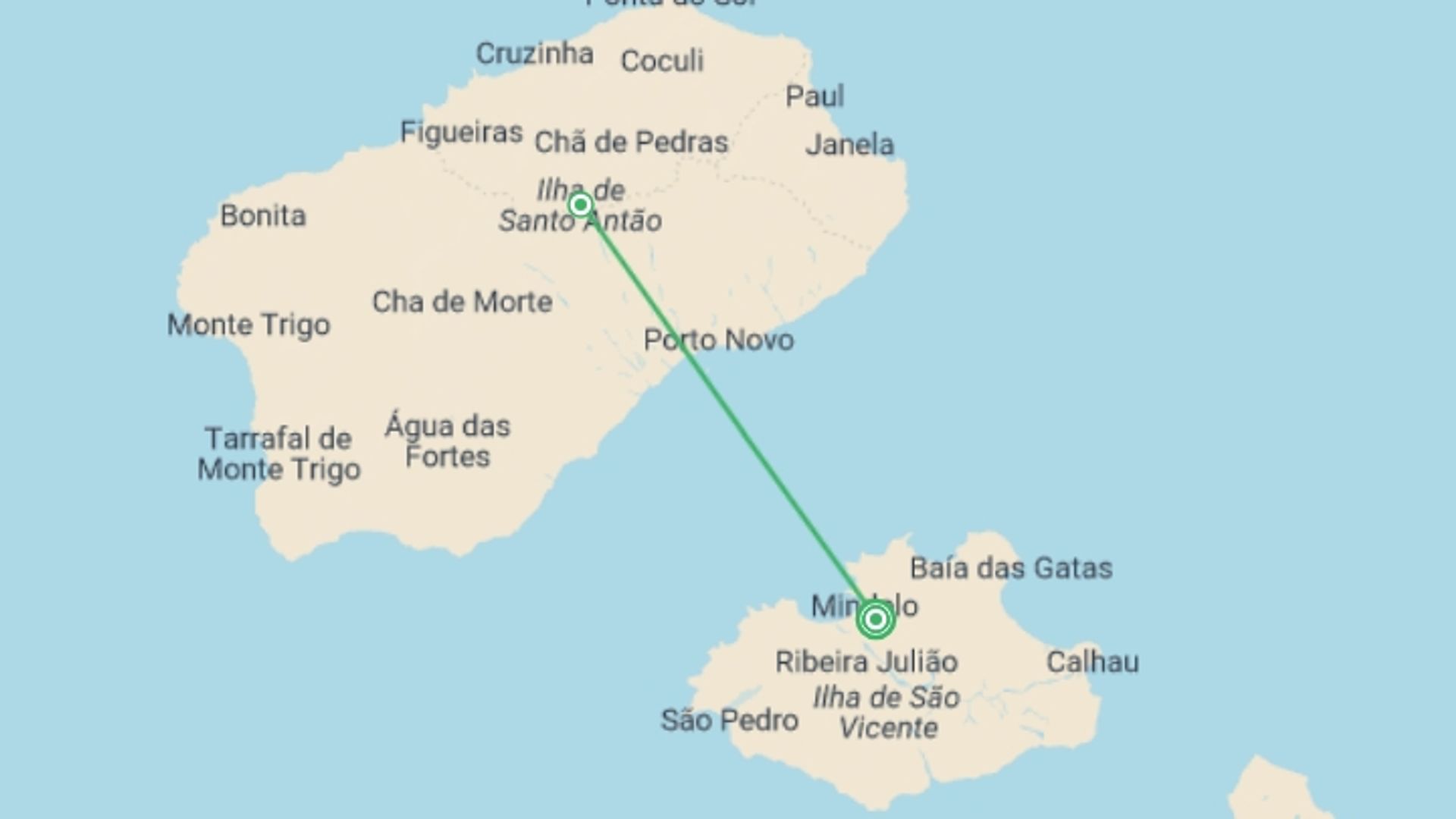 A map showing the tour itinerary for the trip: Cape Verde Sao Vicente And Santo Antao, starting in Mindelo, São Vicente Island, Cape Verde Islands and ending in Mindelo, São Vicente Island, Cape Verde Islands going through 2 other destinations.