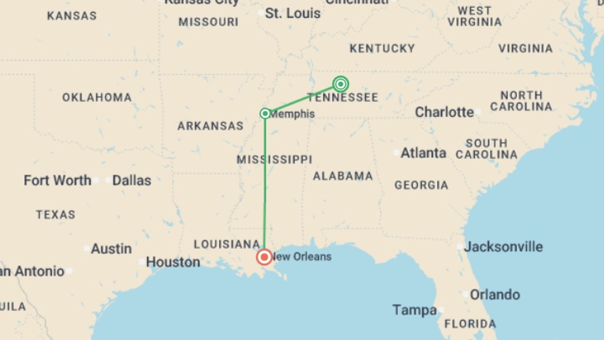 A map showing the tour itinerary for the trip: Tennessee Music Trail to New Orleans, starting in Nashville, USA and ending in New Orleans, USA going through 1 other destinations.