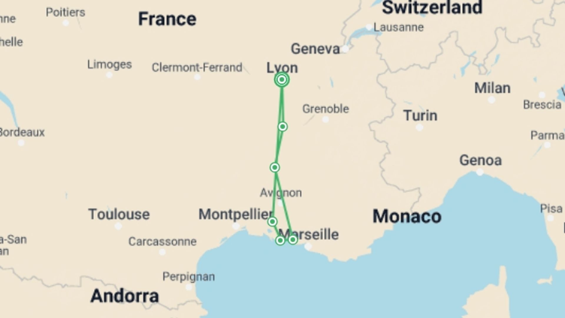 A map showing the tour itinerary for the trip: A trip to admire the beautiful scenery of the Rhône valley (port-to-port cruise), starting in Lyon, France and ending in Lyon, France going through 4 other destinations.