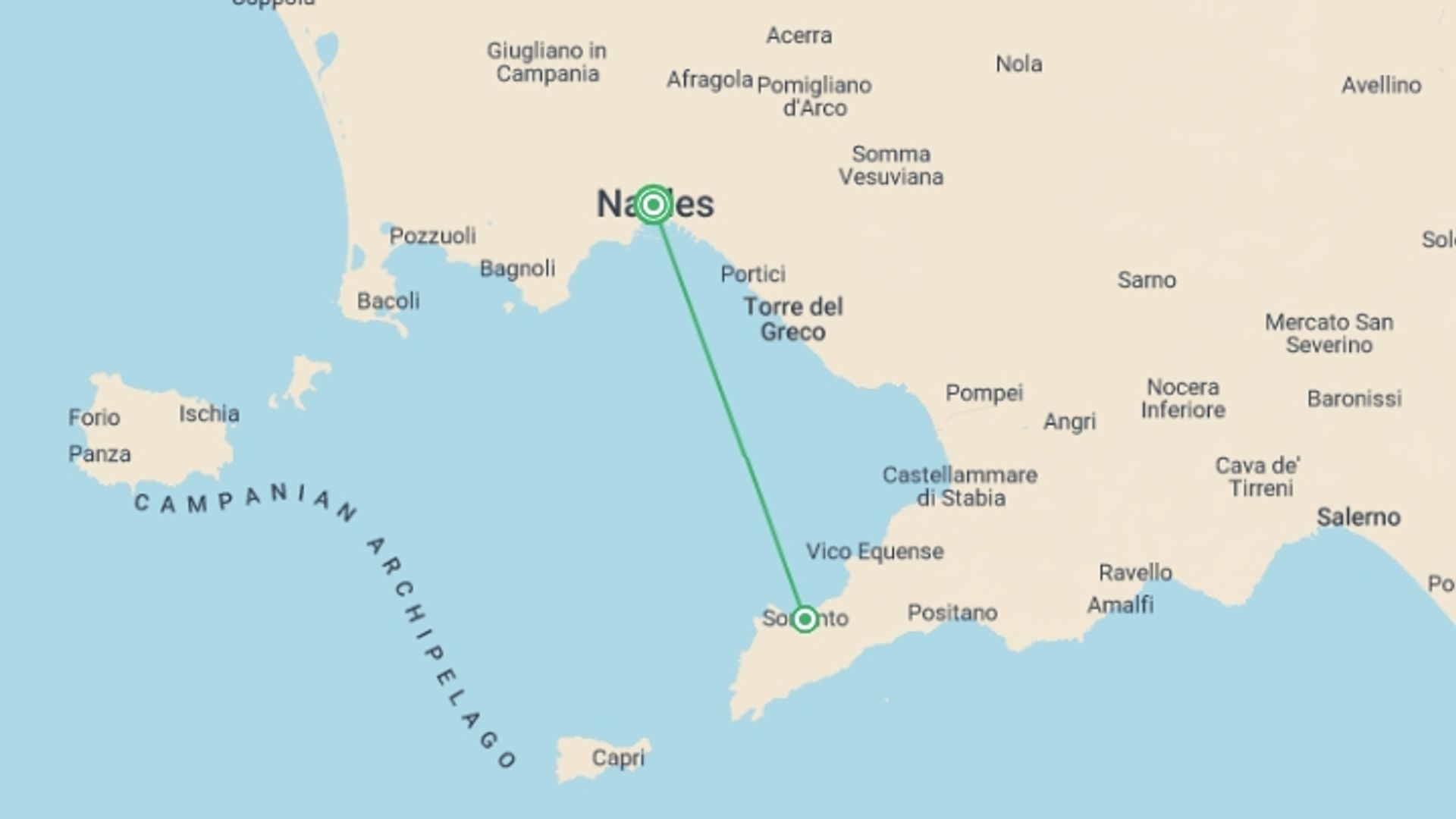A map showing the tour itinerary for the trip: Local Living Italy—Sorrento, starting in Naples, Italy and ending in Naples, Italy going through 2 other destinations.