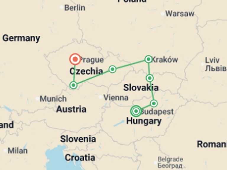 Map itinerary of Eastern Europe Tour in Summer with 7 destination visits for the trip: Explore Eastern Europe