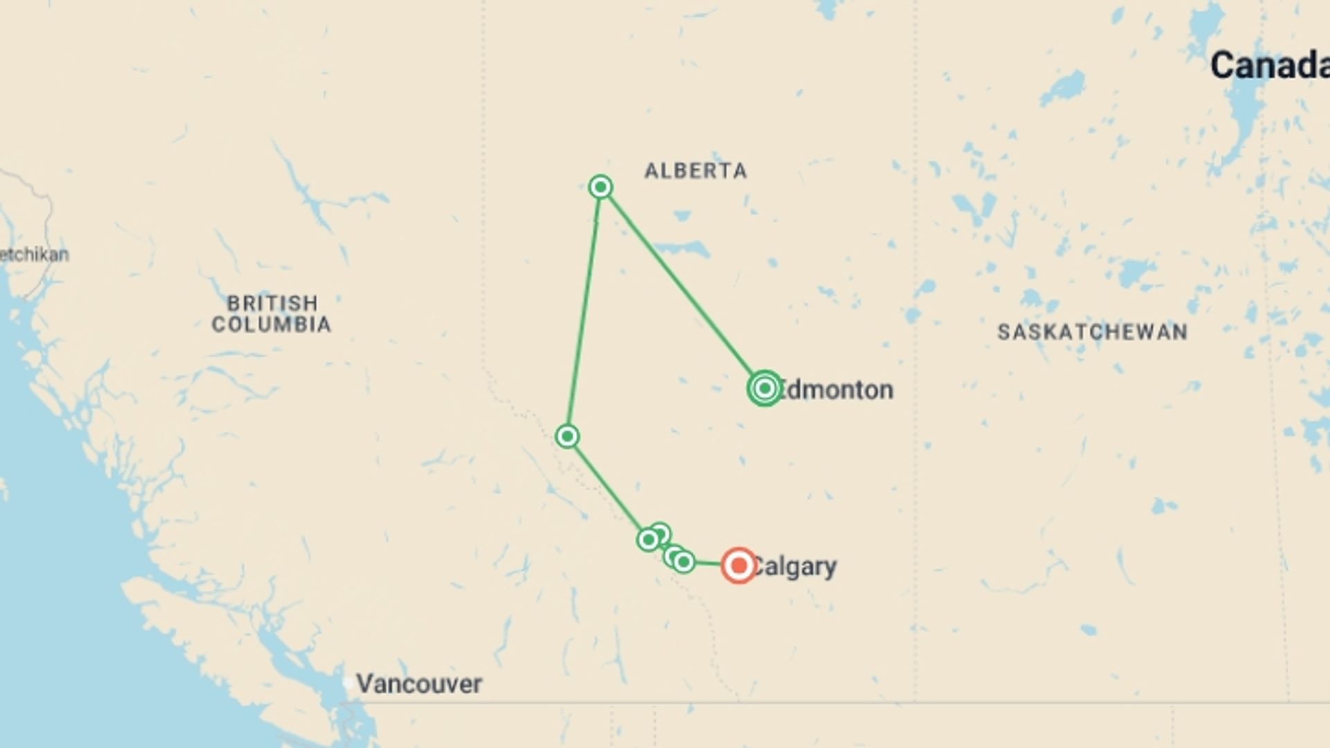 A map showing the tour itinerary for the trip: Canadian Rockies & Northern Lights, starting in Edmonton, Canada and ending in Calgary, Canada going through 7 other destinations.