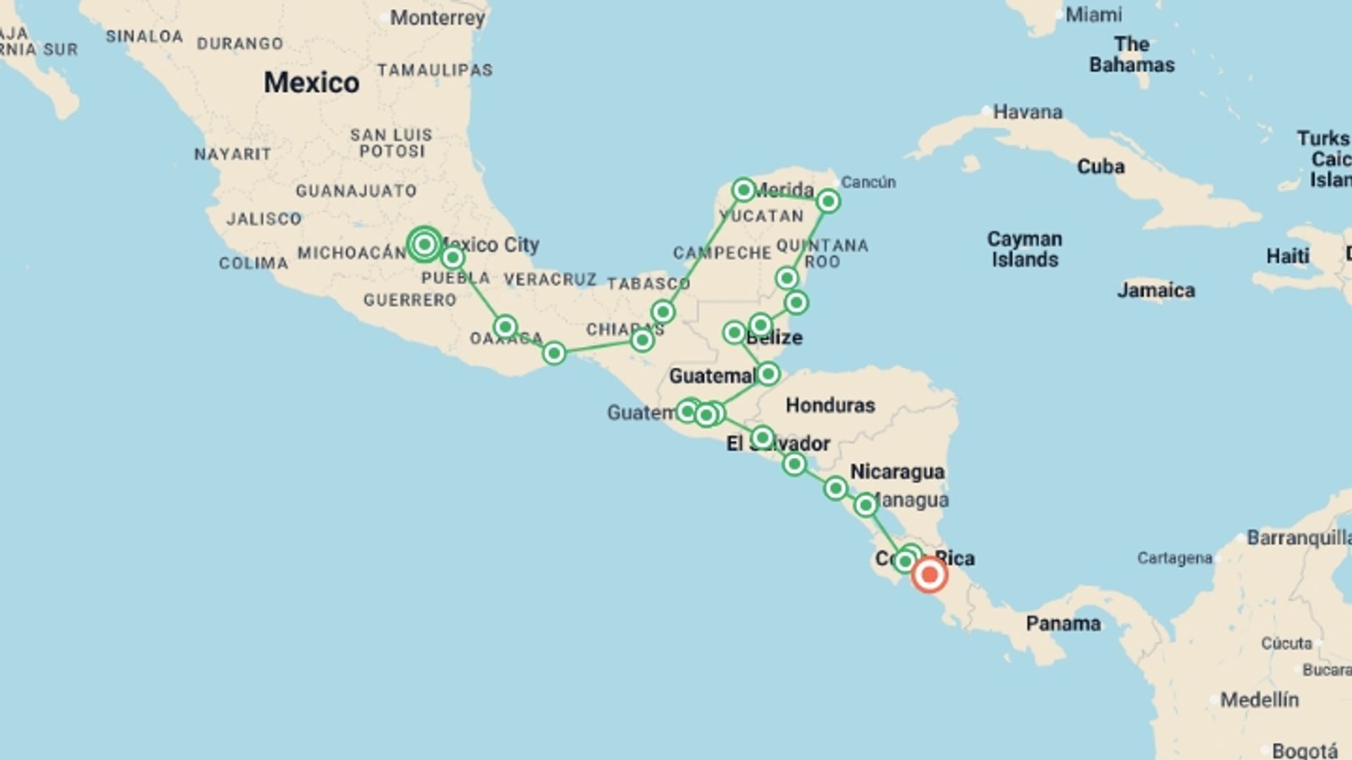 A map showing the tour itinerary for the trip: Central America Explorer, starting in Mexico City, Mexico and ending in San Jose, Costa Rica going through 22 other destinations.
