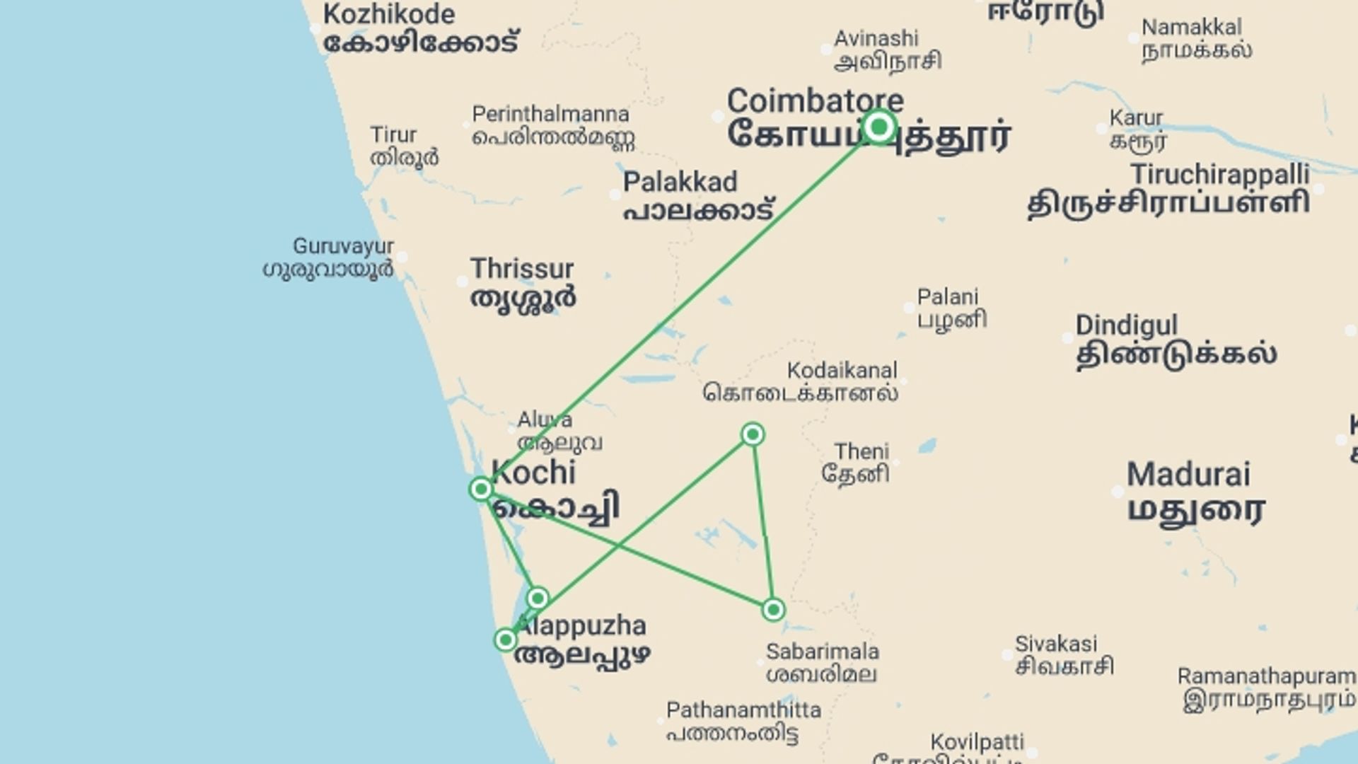 A map showing the tour itinerary for the trip: Classic Kerala - 9 Days, starting in Kerala & Tamil Nadu, India and ending in Kerala & Tamil Nadu, India going through 6 other destinations.