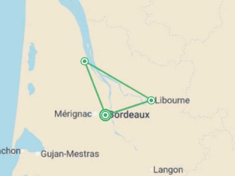 Map itinerary of France Tour in November 2026 with 3 destination visits for the trip: In the heart of the South-West terroirs: from Bordeaux to the vineyards of the Médoc (port-to-port cruise)