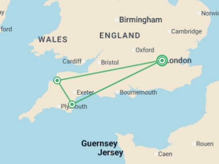 Map itinerary of Europe Tour in June 2026 with 3 destination visits for the trip: Best of Devon and Cornwall