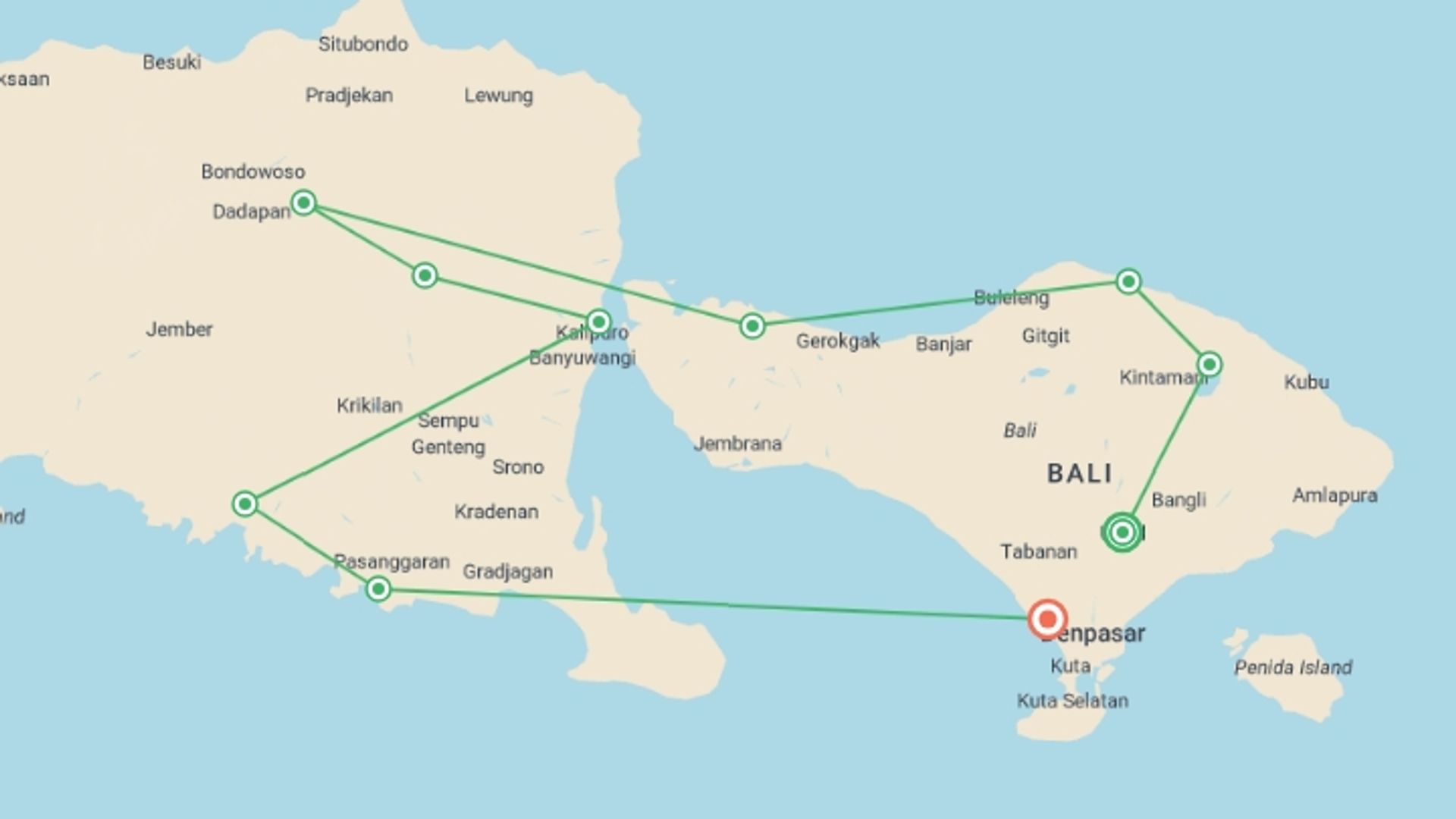 A map showing the tour itinerary for the trip: Cycling Indonesia's Islands, starting in Ubud, Indonesia and ending in Canggu, Indonesia going through 8 other destinations.