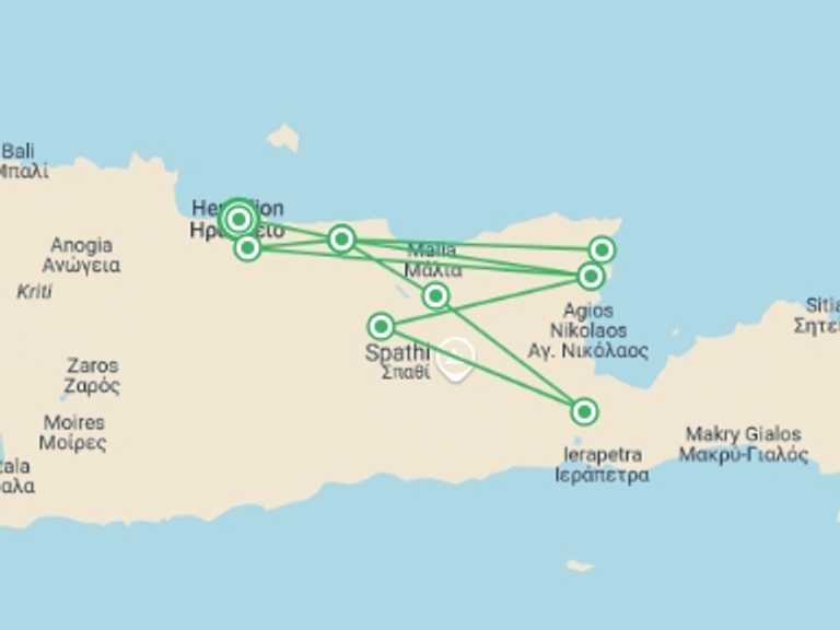 Map of a Getaways and short breaks Tour with 3 destination visits for the trip: The Labyrinth Of Crete