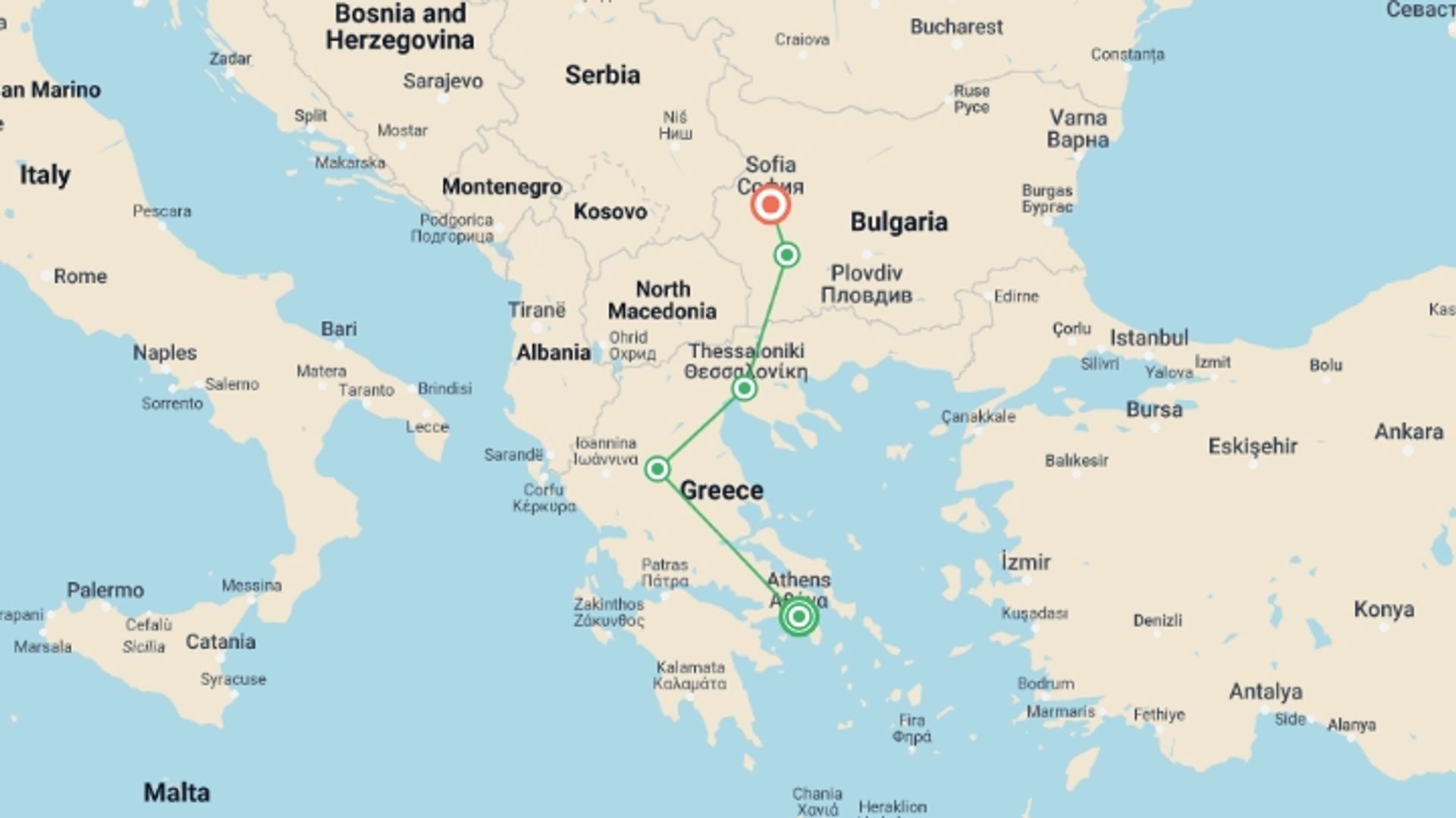 A map showing the tour itinerary for the trip: From Athens to Sofia, starting in Athens, Greece and ending in Sofia, Bulgaria going through 3 other destinations.
