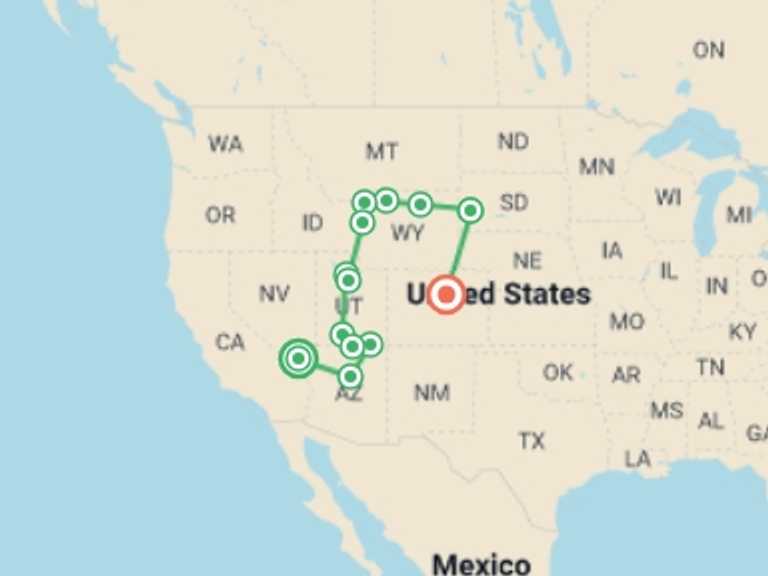 Map of Bryce Canyon National Park Tour with 12 destination visits for the trip: Spectacular Canyons and National Parks