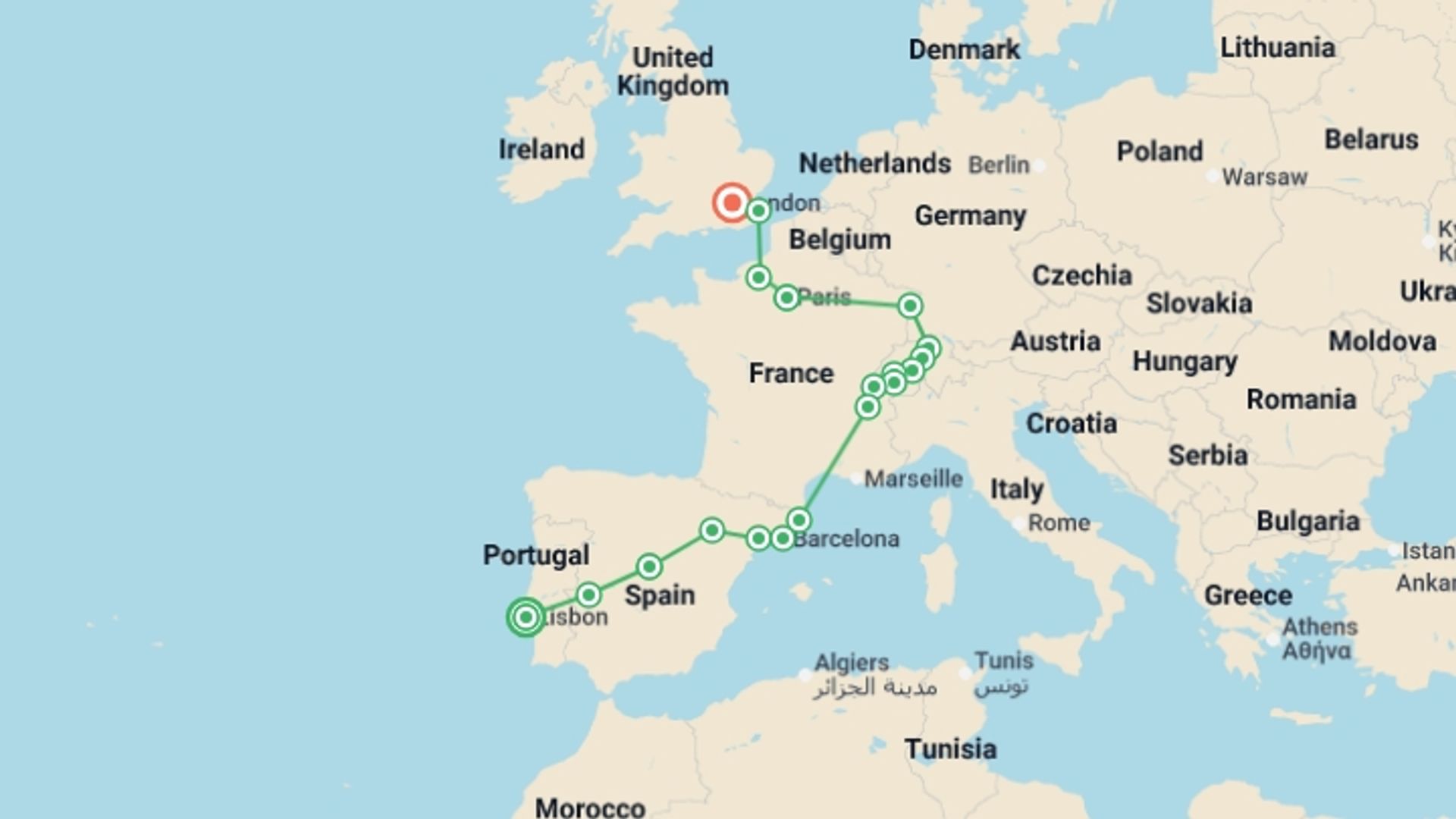 A map showing the tour itinerary for the trip: Five Countries, starting in Lisbon, Portugal and ending in London, England going through 8 other destinations.