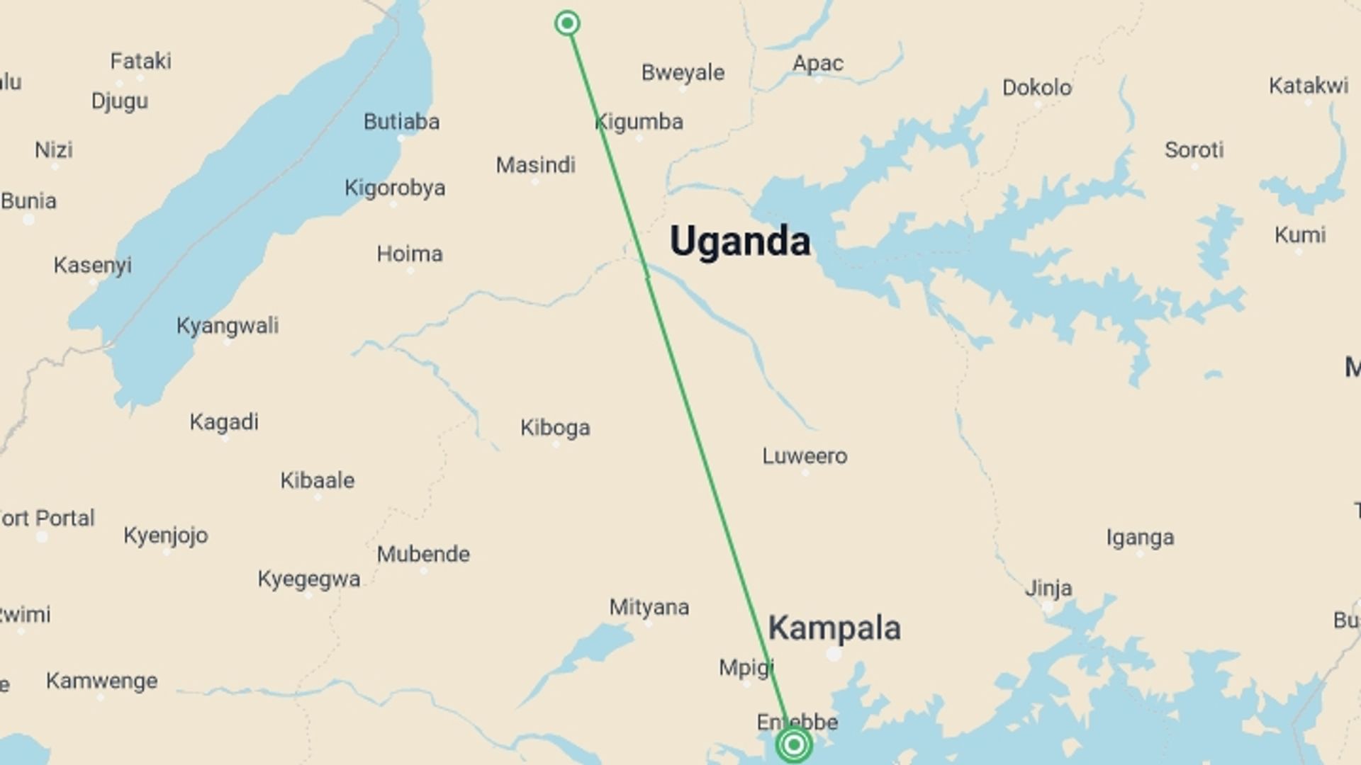A map showing the tour itinerary for the trip: 4-day Camping Safari in Uganda, starting in Entebbe, Uganda and ending in Entebbe, Uganda going through 1 other destinations.