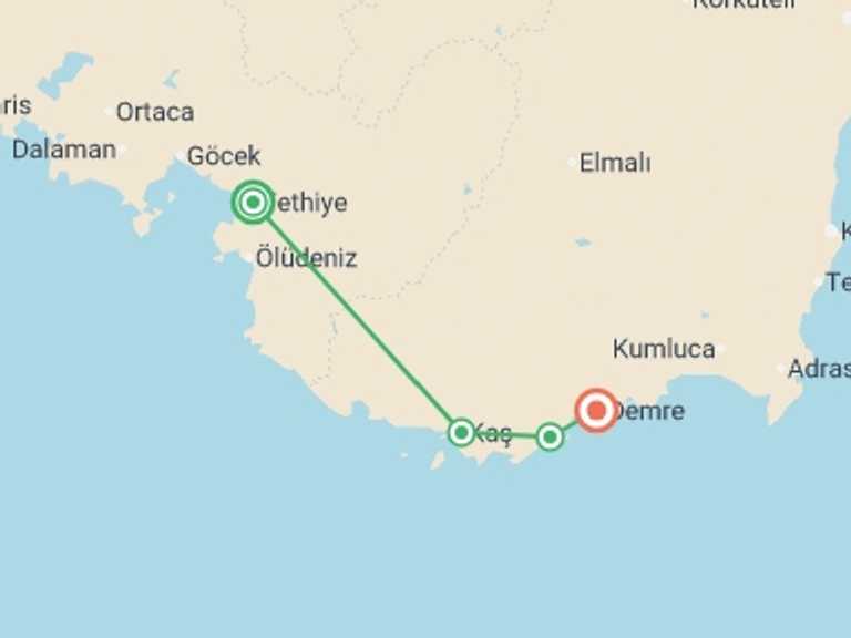 Map itinerary of Europe Tour in May 2026 with 4 destination visits for the trip: Mediterranean Dreaming- Fethiye to Demre