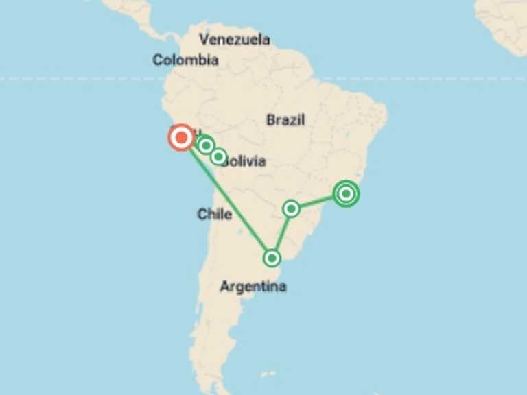 Map of South America Tour with 8 destination visits for the trip: South America Discovery