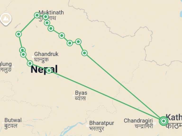 Map itinerary of Nepal Tour in February 2027 with 15 destination visits for the trip: Annapurna Circuit Trek