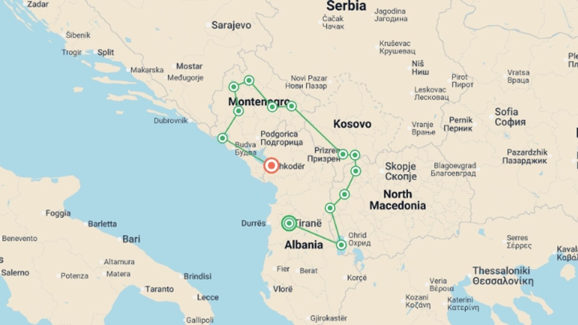 A map showing the tour itinerary for the trip: Cycle the Balkans, starting in Tirana, Albania and ending in Shkoder, Albania going through 13 other destinations.