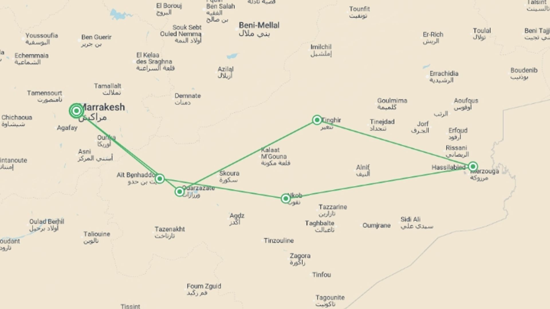 A map showing the tour itinerary for the trip: Morocco Family Adventure - 9 days, starting in Marrakech, Morocco and ending in Marrakech, Morocco going through 5 other destinations.
