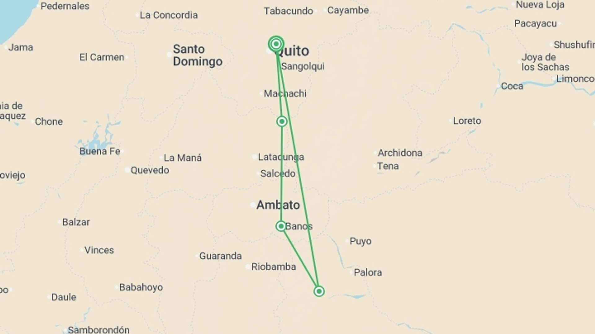 A map showing the tour itinerary for the trip: Ecuador: Cotopaxi & the Amazon Jungle, starting in Quito, Ecuador and ending in Quito, Ecuador going through 3 other destinations.