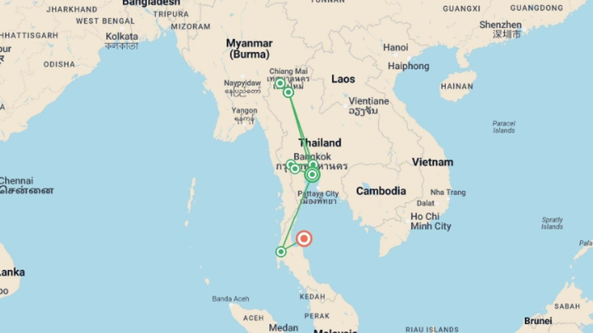 A map showing the tour itinerary for the trip: Northern Thailand & Full Moon, starting in Bangkok, Thailand and ending in Koh Phangan, Thailand going through 7 other destinations.